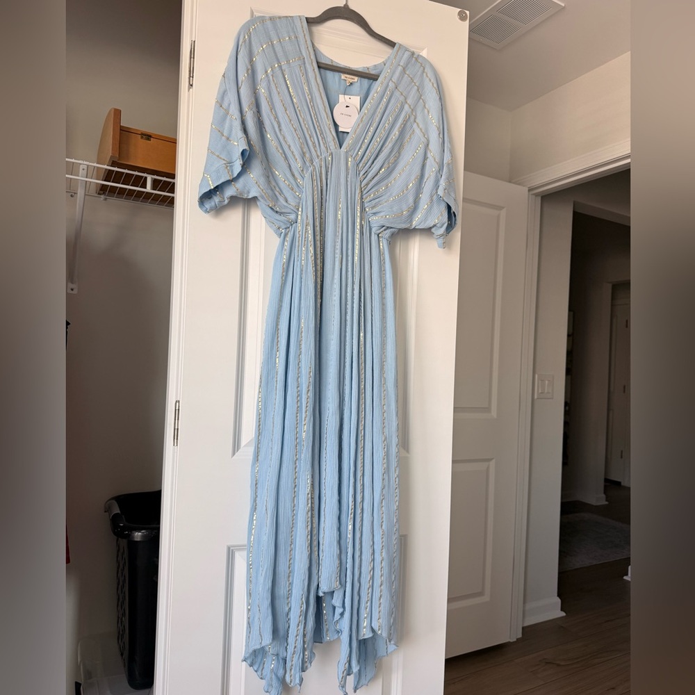 En Creme Light Blue Maxi Dress with Gold Accents